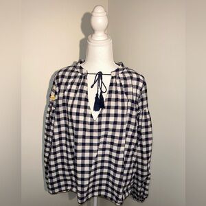H&M Womens US 10 EU 40 CN 170/92 Gingham Blouse with Embroidered Flower Sleeves